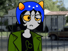 a cartoon character wearing a green jacket and a black shirt with the letter p on it