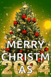 a christmas tree with red and gold ornaments and the words merry christmas as 2024