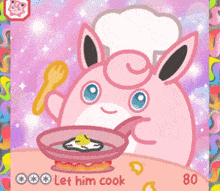 a pink cartoon character with a chef 's hat is cooking eggs in a frying pan