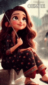 a cartoon girl is sitting in the rain with an umbrella .