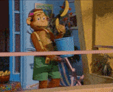 a cartoon monkey is holding a banana and a bucket in front of a sign that says exercise