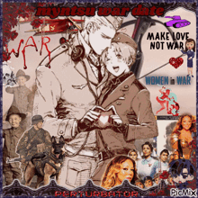 a picture of a man and a woman with the words make love not war on it