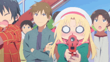 a group of anime characters including a girl holding a red toy gun