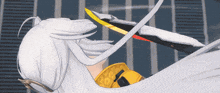 a cartoon drawing of a woman with white hair and a yellow jacket