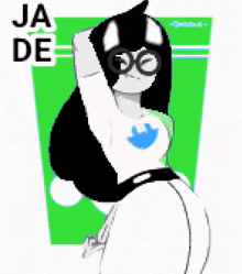 a pixel art of a girl wearing a white shirt with a twitter logo on it
