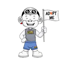 a cartoon character with adopt me written on a flag
