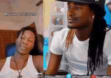 a man with dreadlocks is wearing a white shirt and a hat