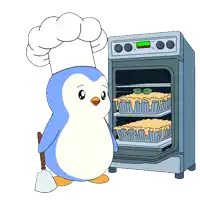 a penguin in a chef 's hat is taking a pie out of a oven