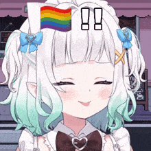 a cartoon girl with a rainbow flag in her hair and the letters 88 above her head