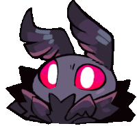 a cartoon drawing of a moth with pink eyes and horns