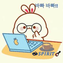 a cartoon of a rabbit sitting at a desk with a laptop and the word spirit on the bottom