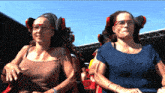 two women wearing glasses ride a roller coaster together