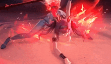 a cartoon character is laying on the ground with red flames around her