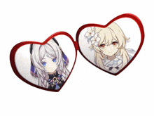 a pair of heart shaped glasses with a picture of two anime girls on them