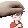 a hand is holding a boy 's head in a pixel art .