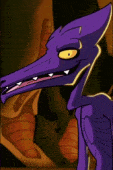 a cartoon of a purple monster holding a purple sphere in its mouth