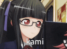 a picture of a girl with glasses and the word kami written on it