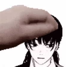 a hand is scratching a girl 's head in a pixel art style .