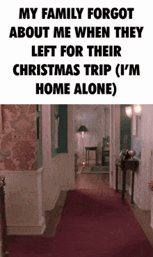 a hallway with a red carpet and a caption that says my family forgot about me