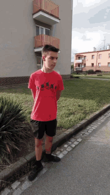 a young man in a red t-shirt is standing on a sidewalk