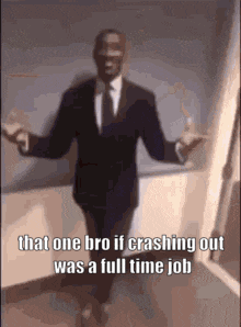 a man in a suit and tie is dancing with his arms outstretched .