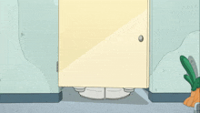 a cartoon character wearing a white jacket is standing next to a door