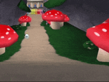 a video game scene with red mushrooms on the side of the road