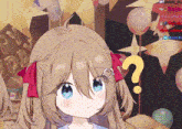 a girl with a question mark on her head