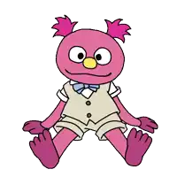 a cartoon drawing of a pink sesame street character sitting down