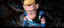 a cartoon character with the letter i on his chest is standing in a room
