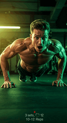 a shirtless man is doing push ups in a gym with 10:12 reps on the bottom