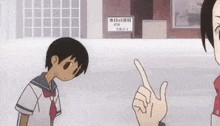 a cartoon character pointing at another character with a sign in the background that says ' a '