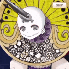 a drawing of a person with a sword in their head and a sign that says skip