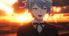 a boy with blue hair and red eyes is wearing a bow tie