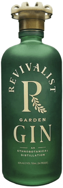 a green bottle of revivalist garden gin with a crown on top