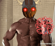 a man without a shirt has a drawing of a monster on his head and the words edited with easy gif below it