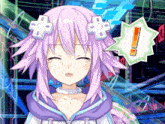 a purple haired anime character with an exclamation point above her