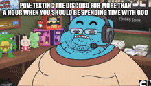 gumball from the amazing world of gumball is wearing a headset