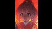 a close up of a girl in a red kimono with pink hair .