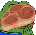 a cartoon frog is holding a large piece of meat in front of his face .