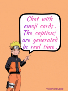 naruto is pointing at a speech bubble that says chat with emoji cards