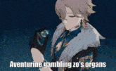 a cartoon character with the words aventurine gambling zo 's organs written below him