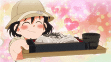 a girl in a hat is holding a tray of food