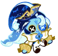 a cartoon character is wearing a blue hat and a blue and gold outfit .