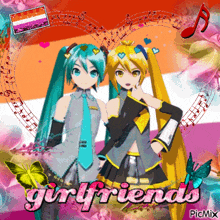 two anime girls are standing next to each other with the words " girlfriends " written on the bottom