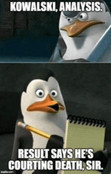 a penguin is holding a notepad and a pencil and says " kowalski analysis "
