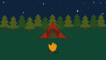 a cartoon illustration of a tent and a campfire in the woods