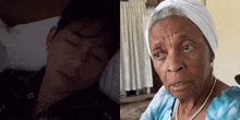 a man is sleeping next to an elderly woman wearing a white headband .