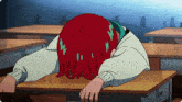a girl with red hair is laying on a desk