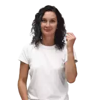 a woman in a white t-shirt is pointing her finger